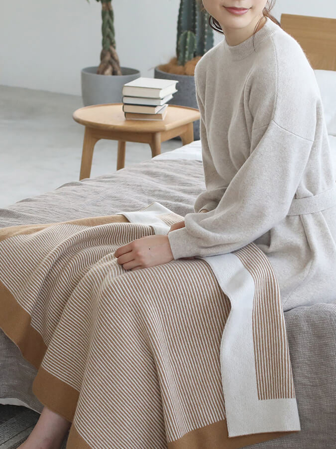 Cashmere knit framed stripe blanket (120cm×76cm)