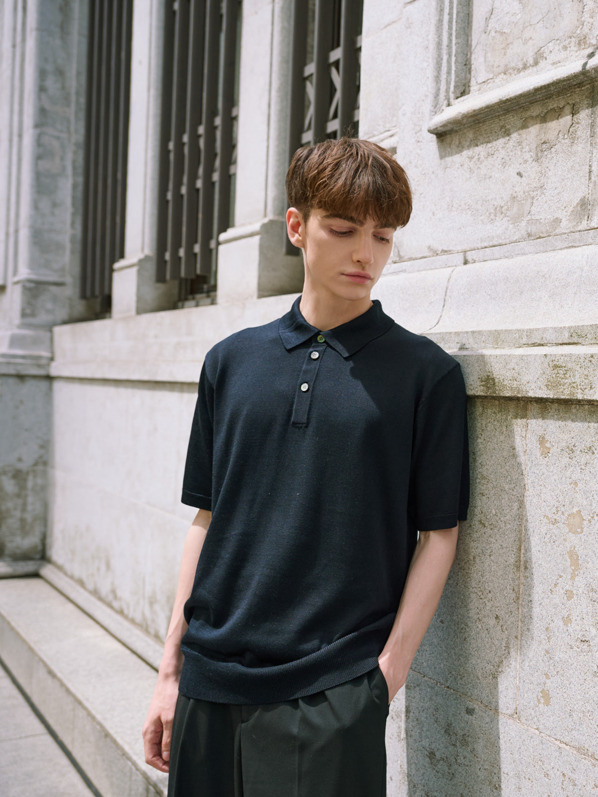 Washable Silk polo-collar sweater｜Men